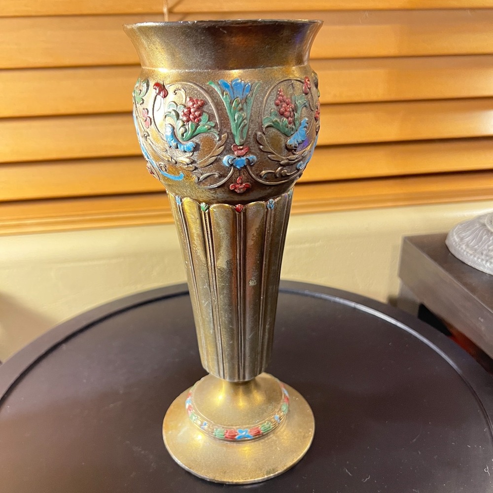 Vintage Etched Brass & Enamel Floral Vase Boho Decor 9.5 Inch Tall - Picture 7 of 15